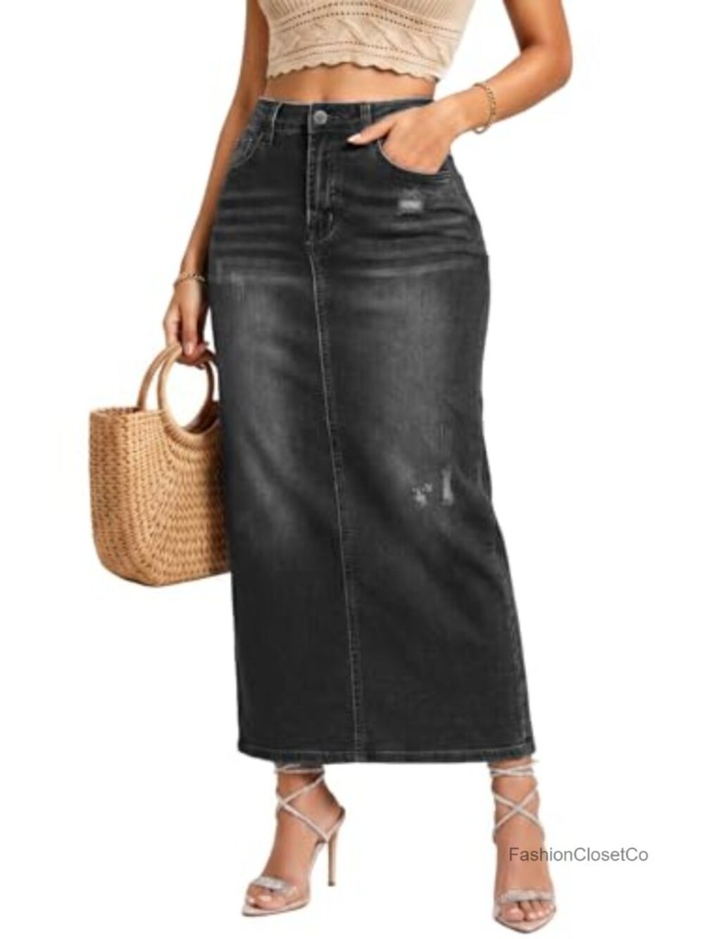 High Waisted Long Denim Skirt Back Slit Distressed Stretch